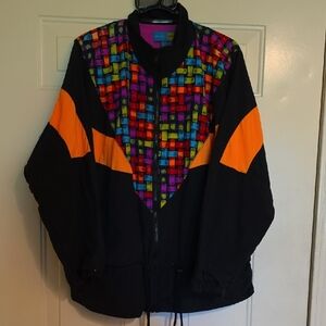 Black Bomber Jacket with Multicolor Mosaic and Orange Accents